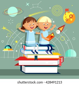 Young boy and girl holds and read book, sitting on stack of big books. Imagination concept with opened book planets, stars, space, slapstick, bear on bike with balloons. Fairy, magical adventure book.