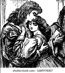 A young boy and young girl hugged each other, vintage line drawing or engraving illustration