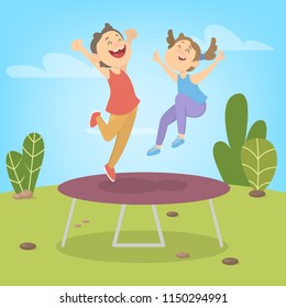 Young boy and girl jumping on trampoline. Summer activity. Happy kids have fun. Vector illustration in cartoon style