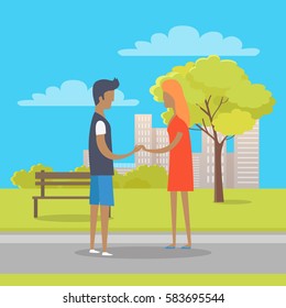 Young boy and girl in love stand on park path in nice summer weather. Isolated couple holding hands near wooden bench and green tree on grass on background with urban buildings vector illustration