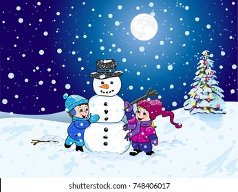 A young boy and girl making a snowman on a cold winter night with a dark blue sky, a shinning moon and a Christmas tree with colorful lights.