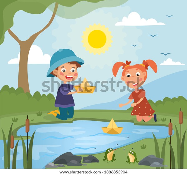 Young Boy Girl Playing Paper Boats Stock Vector (Royalty Free ...