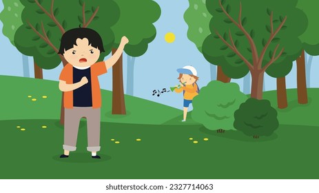 Young boy and girl playing in the park. Vector illustration in flat style