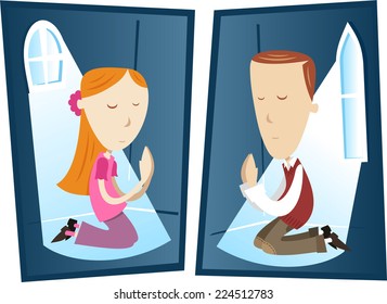 Young boy and girl praying to god cartoon