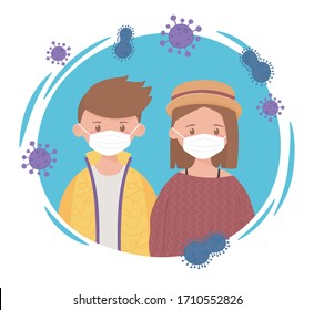 young boy and girl with protective mask, prevention spread coronavirus covid 19 vector illustration