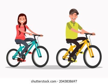 Young boy and girl riding bicycles. Vector illustration in a flat style.