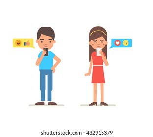 
Young boy and girl send messages by smartphone, messenger. Vector concept illustration.