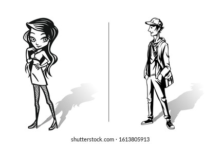 Young Boy & Girl silhouette, Hand Drawn Sketch Vector Background. 