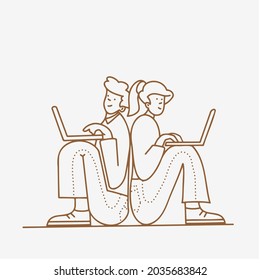 Young boy and girl sit together back to back and  use laptops, Vector  brown and white illustration