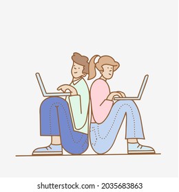 Young boy and girl sit together back to back and  use laptops, Vector color  illustration