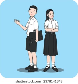 Young boy and girl smiling face in student uniform presenting. flat design. vector illustration.