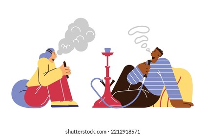 Joven y niña fumando narguile y relajante estilo plano, ilustración vectorial aislada en fondo blanco. Ocio, hábito malsano, personajes de la gente