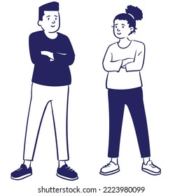 young boy and girl are standing next to each other with crossed arm. illustration can be used for business purposes, gossip, for college, university and while using technology 