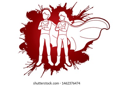 Young boy and girl standing,Super heroes action cartoon graphic vector.