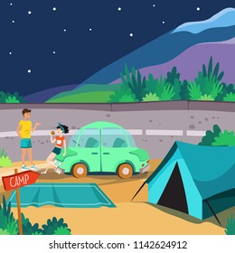 Young boy and girl are staying in the camp at night. Night landscape woth road, mountains, camp, tent and car parking. Vector illustration in cartoon design.