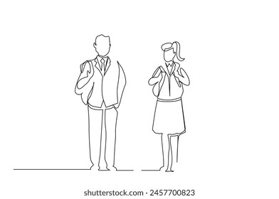 young boy and girl student uniform backpack pose full body length one education life one line art design vector