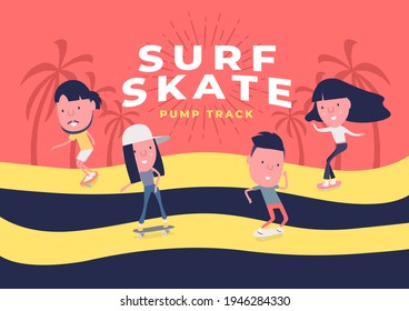 Young Boy and girl surf on skateboard or surf skate. People on skates on pump track background. Funny cartoon character.