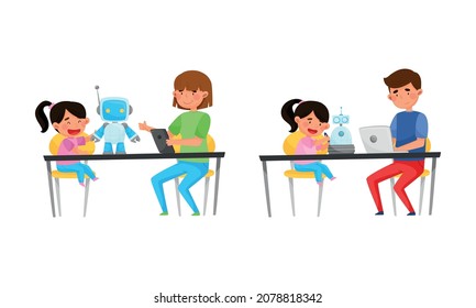 Young Boy and Girl at Table Engineering and Configurating Robot Vector Set