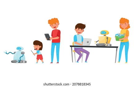 Joven niño y niña en la ingeniería de tablas y en el juego de vectores robots de configuración