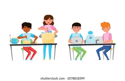 Joven niño y niña en la ingeniería de tablas y en el juego de vectores robots de configuración
