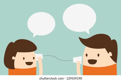 Young boy and girl talking with cup telephone