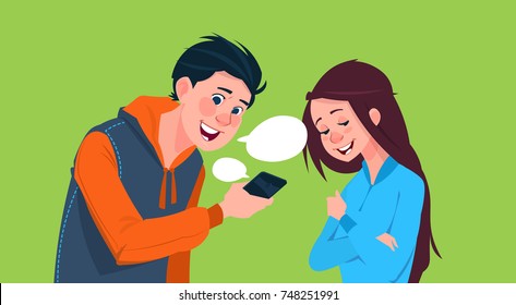 Young Boy And Girl Talking Holding Cell Smart Phone Social Media Communication Lifestyle Concept Vector Illustration