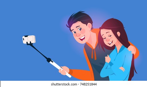 Young Boy And Girl Talking Selfie Photo On Cell Smart Phone With Stick Vector Illustration