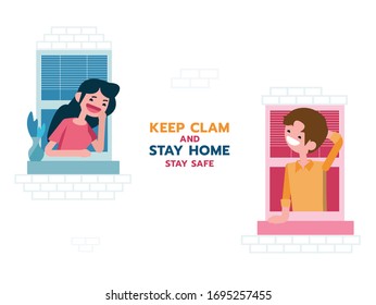 Young boy and girl talking together at their window and he tried to hit on her while stay home a both.