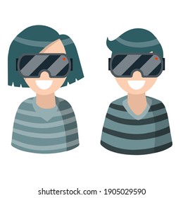 Young boy and girl in VR glasses. Virtual reality. Modern computer games and technologies. Woman, man and entertainment. Set of Flat cartoon illustration