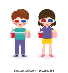 young boy and girl watching movie, Happy couple going to a movie together, movie and clapper and popcorn, child watching a movie in 3D, cinema. isolated on white background Vector Illustration