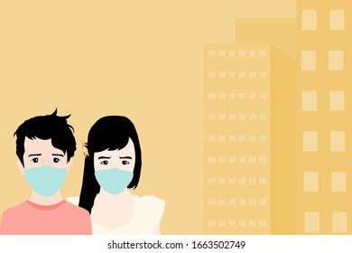 young boy and girl wearing  mask for prevent virus and dust.