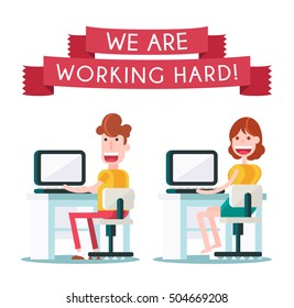 Young Boy and Girl Working in the Office with a Laptop. Isolated Flat Vector Illustration on White Background.