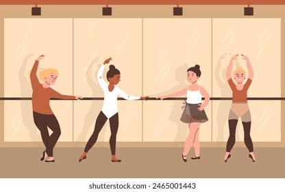 Young boy and girls ballet dancers classical dance performance in ballet class vector illustration. Cartoon ballerina children training, standing in postures. Grace kids gymnastics training in studio