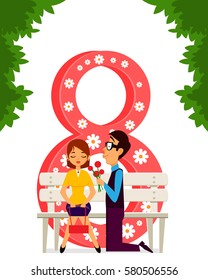 Young boy give flower on International Woman's Day. 8-march vector illustration. 