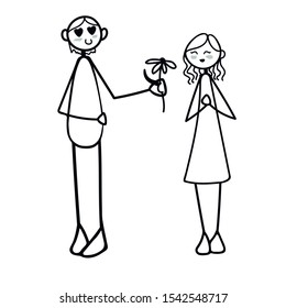 A young boy gives a wild flower for a pretty girl. Embarrassed lovers. Hand-drawn linear simple vector illustration..