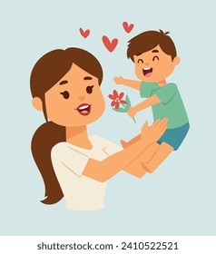 Young boy giving flower to smiling woman, mother and son showing affection, child with red flower. Happy Mother s Day, love and family vector illustration.