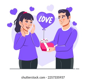 Young boy giving heart shaped Chocolate Box to girl on Chocolate day feeling in love illustration. Flat style vector scene isolated on white background for blogging, website, landing page.