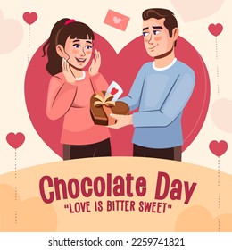 Young boy giving heart shaped Chocolate Box to girl on Chocolate day feeling in love illustration. Social Media Stories Template Flat Cartoon Background. Avatar for poster, postcard, label, stickers.