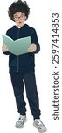 Young boy with glasses and curly black hair  reading a book vector art