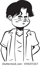 young boy with glasses illustration. men vector black and white line work. 