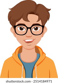 Young boy with glasses and orange hoodie