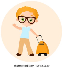Young Boy with glasses and packsack travel. Travelling with the knapsack. Vector illustration eps 10 isolated on white background. Flat cartoon style