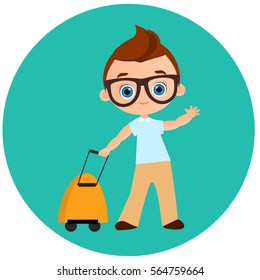 Young Boy with glasses and packsack travel. Travelling with the knapsack. Vector illustration eps 10 isolated on white background. Flat cartoon style
