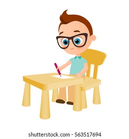 Young boy with glasses paints sitting at a school desk . Vector illustration eps 10. Flat cartoon style