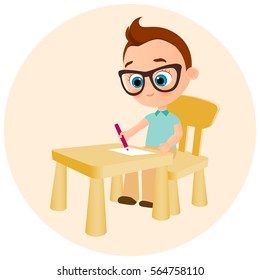 Young boy with glasses paints sitting at a school desk . Vector illustration eps 10. Flat cartoon style