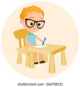Young boy with glasses paints sitting at a school desk . Vector illustration eps 10. Flat cartoon style