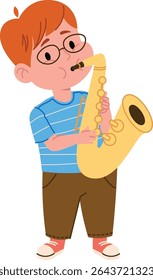 Um menino com óculos toca saxofone em um estilo de desenho animado. A criança usa roupas casuais enquanto aprecia a música com entusiasmo. Ilustração de vetor de desenhos animados.