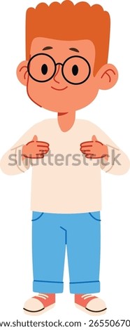 A young boy with glasses stands confidently in a casual outfit, drawn in a cartoon style. The child wears a sweater and jeans, exuding a friendly demeanor. Cartoon vector illustration.