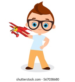 Young Boy with glasses and toy plane. Boy playing with airplane. Vector illustration eps 10 isolated on white background. Flat cartoon style