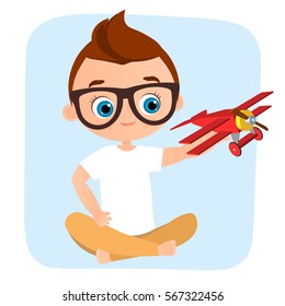 Young Boy with glasses and toy plane. Boy playing with airplane. Vector illustration eps 10 isolated on white background. Flat cartoon style